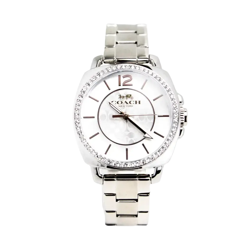 NEW Coach top Women's Boyfriend Watch Crystal Bezel Logo Dial Silver and Gold Toned